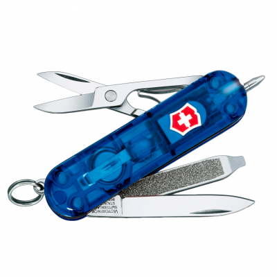 Многофункциональный складной нож-брелок Victorinox Синий прозрачный с фонариком 0.6228.T2 